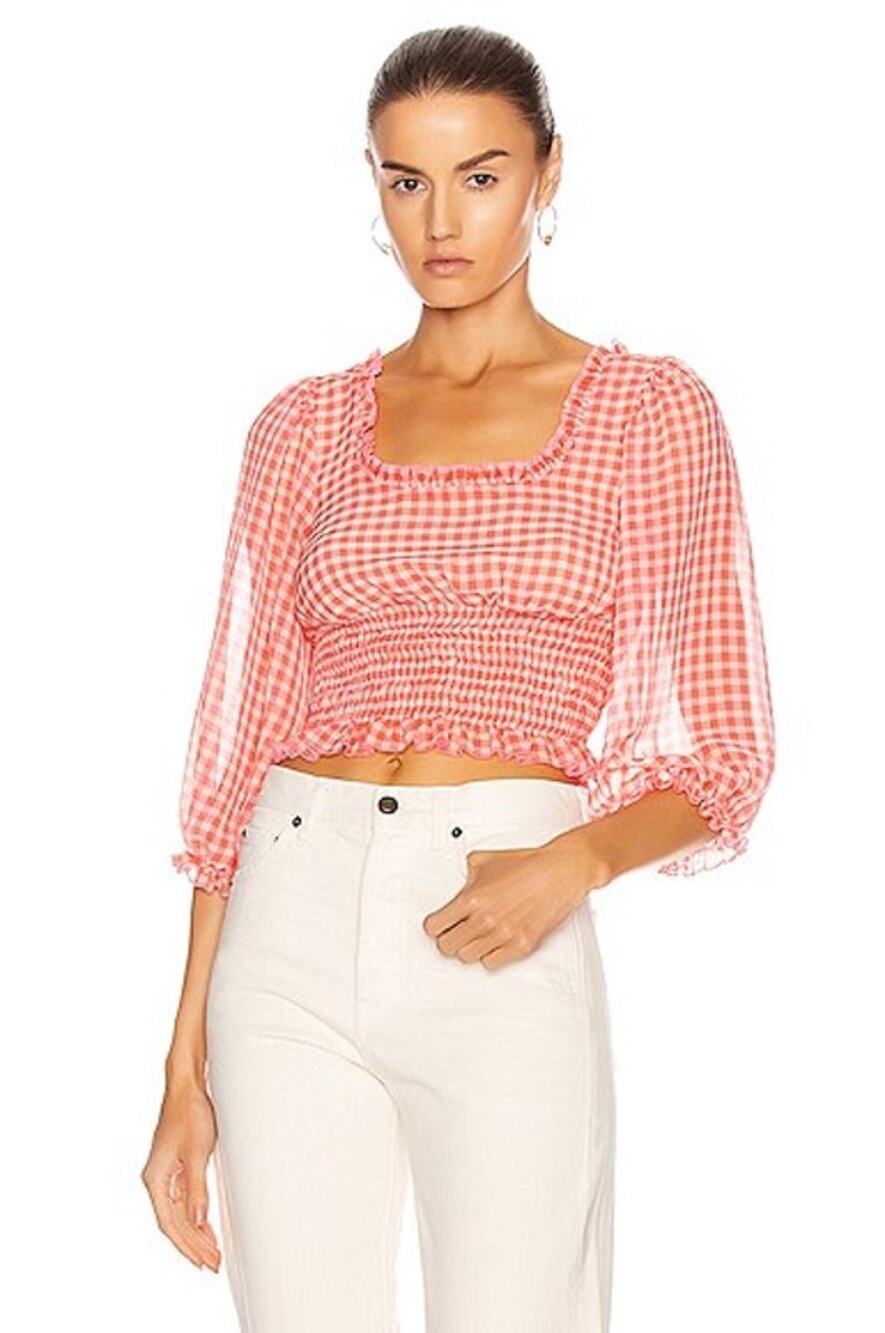 Sandy Liang Moana Top 3/4 Sleeve Ruffle Smocked Puff Sleeve Blouse Gingham Plaid